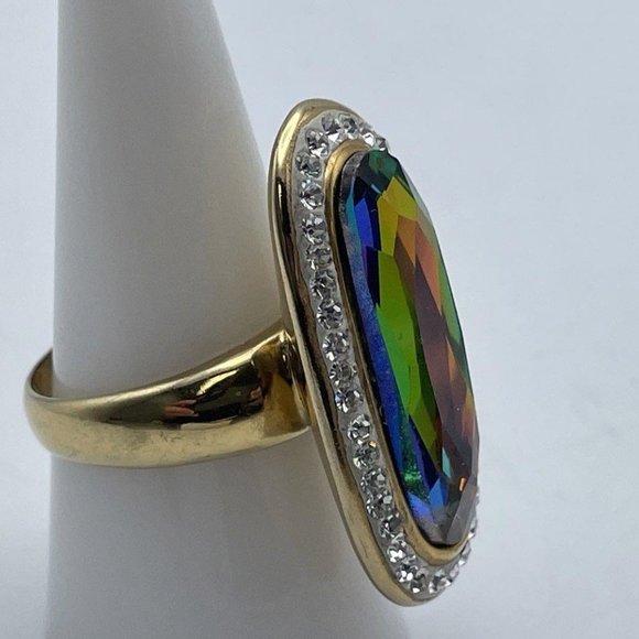 Stainless Steel 316L Gold-Tone White Stone Multi-Color Rhinestone Finger Ring - Picture 2 of 6
